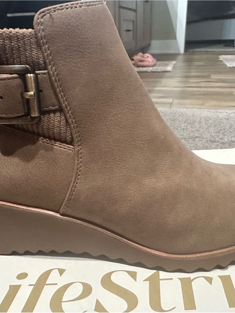 Life Stride Taupe Wedge Ankle Boot with Buckle Accent